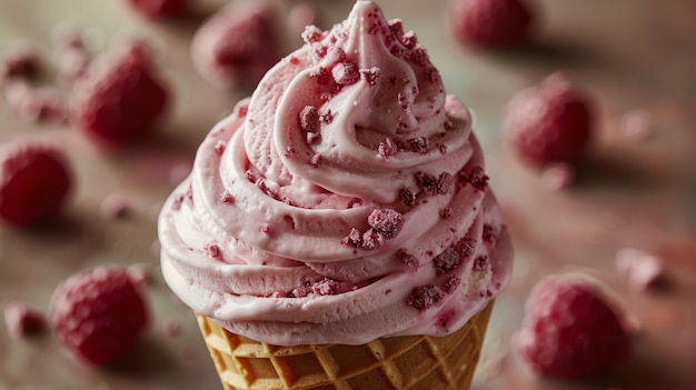 Un primer plano de un cono de helado con frambuesas