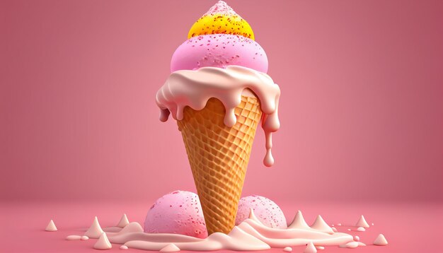 Primer plano de cono de helado realista con fondo rosa IA generativa