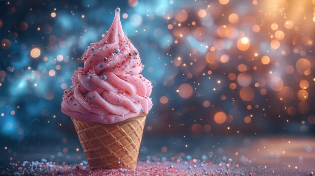 Un primer plano de un cono de helado rosado con un fondo bokeh brillante