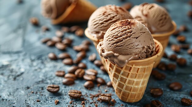 un primer plano de un cono de helado en una superficie azul