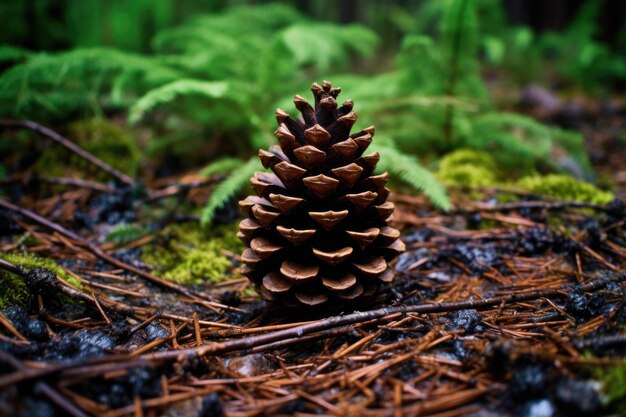 Primer plano de una cono de pino en el suelo del bosque creado con IA generativa