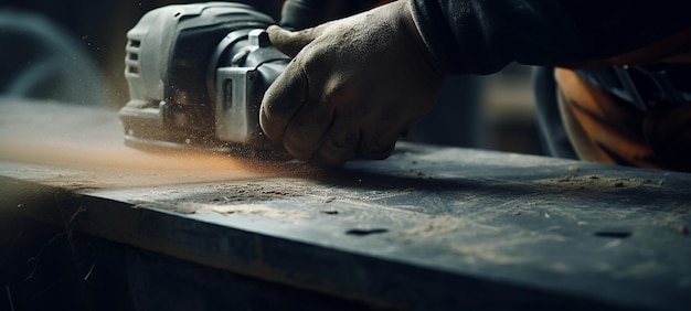 Foto primer plano de un constructor trabajando con una herramienta de molienda