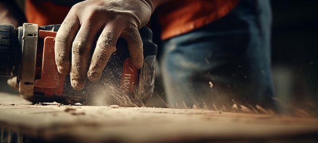 Foto primer plano de un constructor trabajando con una herramienta de molienda