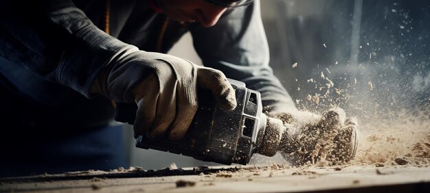 Foto primer plano de un constructor trabajando con una herramienta de molienda