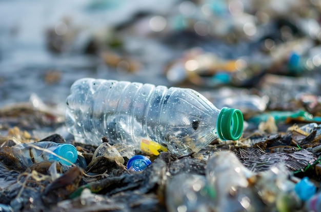 Primer plano de la contaminación por botellas de plástico