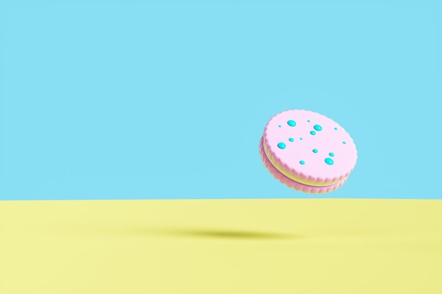 Primer plano de cookies sobre un fondo amarillo. Ilustración de renderizado 3D