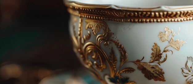 Foto primer plano de una copa de porcelana antigua adornada con detalles de oro