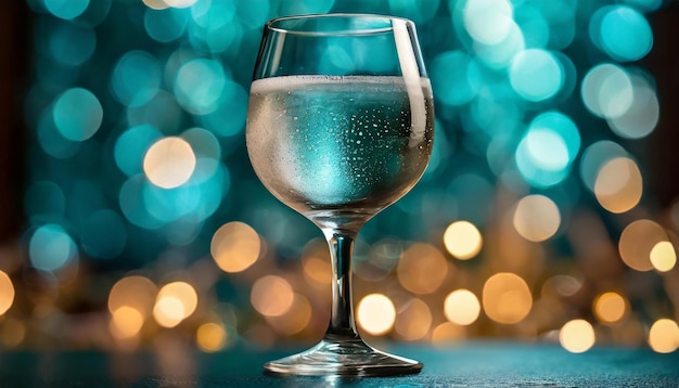 Primer plano de una copa de vino con agua Gotas de agua Bebida refrescante Tonos azules