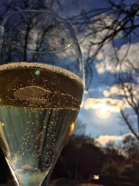 Foto primer plano de una copa de vino contra el cielo durante la puesta de sol