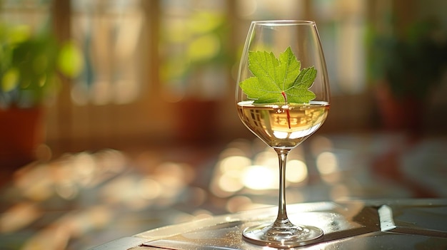 Foto primer plano de una copa de vino y una sola hoja de uva