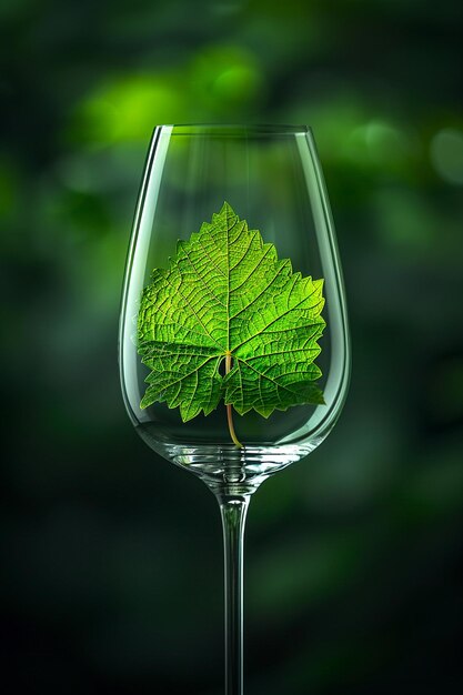 Foto primer plano de una copa de vino y una sola hoja de uva