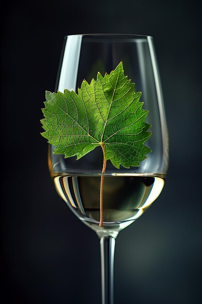 Foto primer plano de una copa de vino y una sola hoja de uva