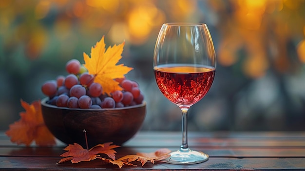 Foto primer plano de una copa de vino y una sola hoja de uva