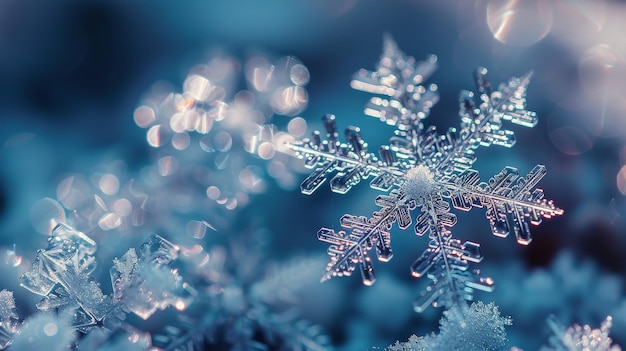Un primer plano de un copo de nieve con fondo azul