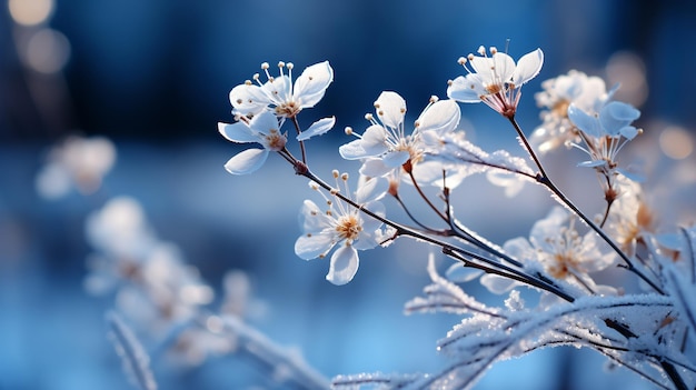 Primer plano de copos de nieve cayendo sobre las flores de cerezo durante la temporada de primavera