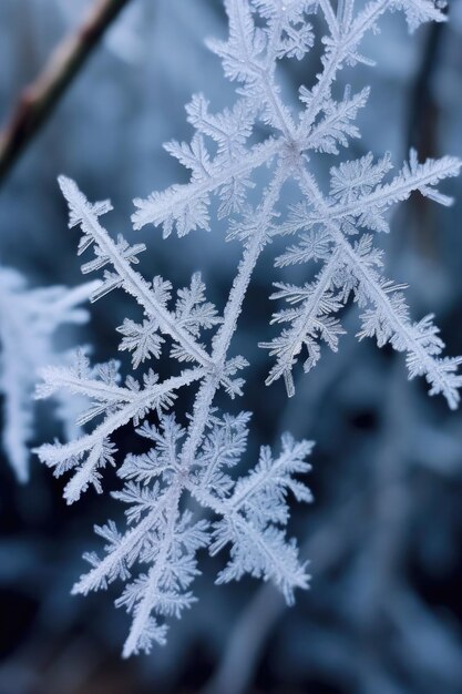 Primer plano de copos de nieve en la rama de un árbol creado con ai generativo