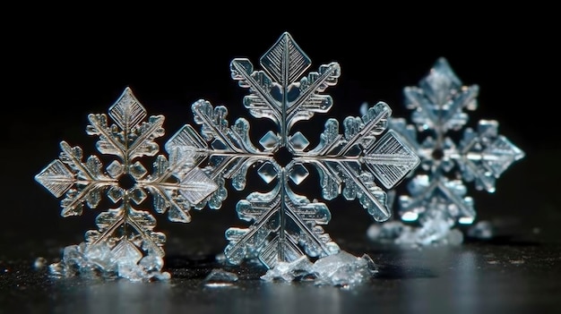 Un primer plano de copos de nieve sobre un fondo negro