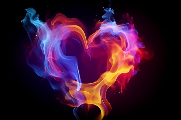 Primer plano de un corazón hecho de humo colorido sobre un fondo negro corazón en llamas Ai foto Midjourney
