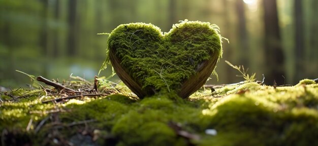 Primer plano de un corazón de madera en musgo Tumba de entierro natural en el bosque IA generativa