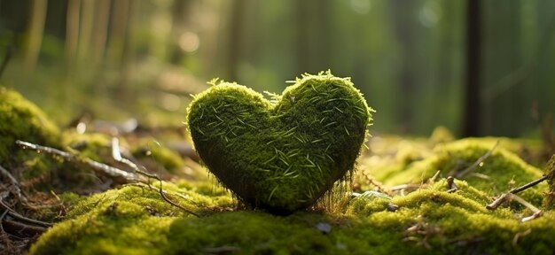 Primer plano de un corazón de madera en musgo Tumba de entierro natural en el bosque IA generativa