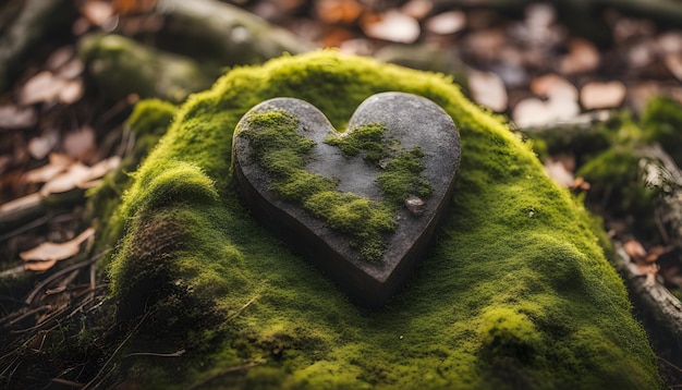 Primer plano de un corazón de madera en musgo