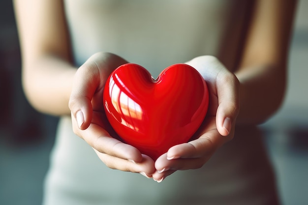 Foto primer plano de un corazón rojo en manos de una mujer que simboliza el concepto de donación de salud y cardiología