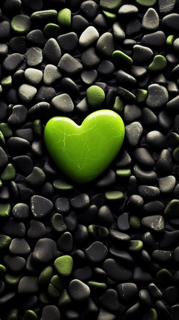 Un primer plano de un corazón verde sobre un montón de rocas negras ai generativo