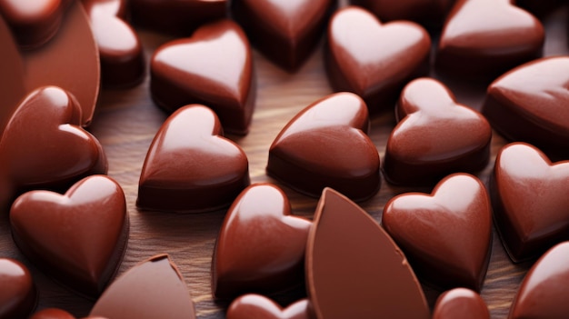 Un primer plano de corazones de chocolate en la mesa