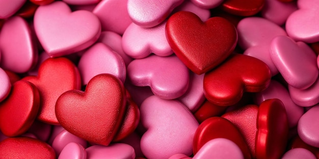 Un primer plano de corazones rojos y rosados que representan el amor y el romance
