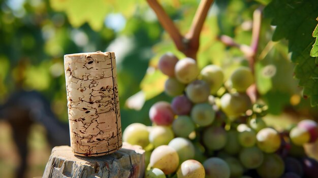 Un primer plano de un corcho de vino en un viñedo verde exuberante El corcho es viejo y desgastado con una textura natural