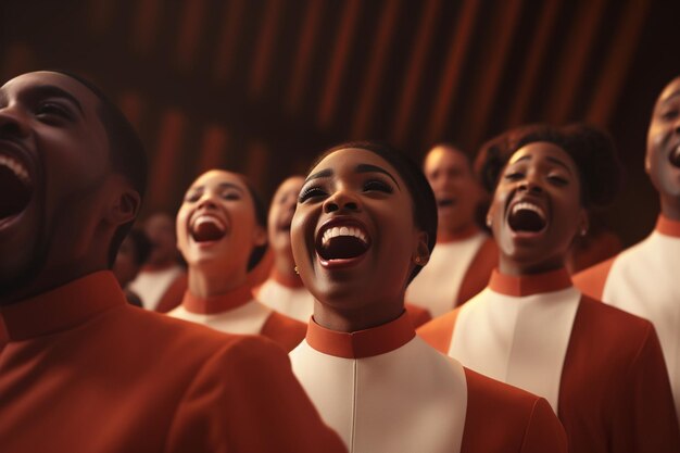 Primer plano de un coro de gospel cantando en armonía