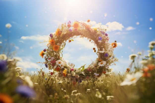 Foto primer plano de la corona de flores de primavera y verano en un prado verde tradición pagana y fiesta del solsticio de verano