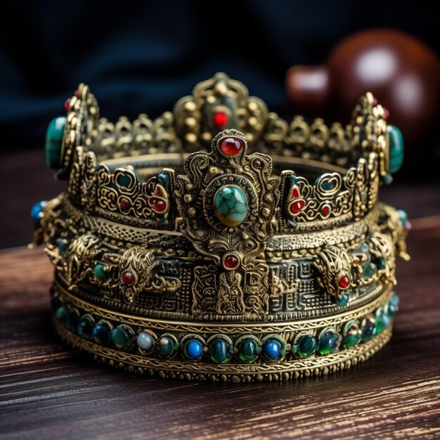 Foto un primer plano de una corona de oro con joyas y gemas generativas ai