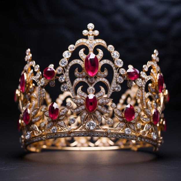un primer plano de una corona de oro con piedras rojas y blancas generativa ai.