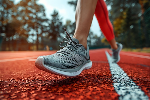 Un primer plano de corredores con zapatos de atletismo en una pista roja