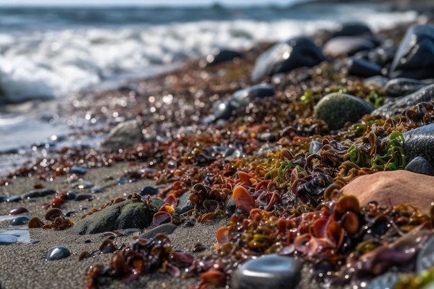 Primer plano de una costa colorida con conchas y algas marinas visibles creadas con ai generativo