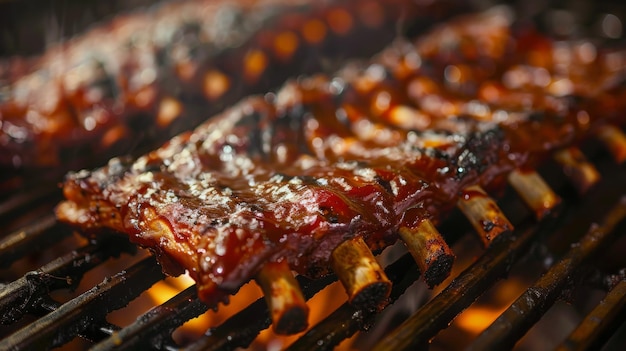 Foto un primer plano de costillas de cerdo a la parrilla chisporroteando en una parrilla caliente emitiendo aromas deliciosos