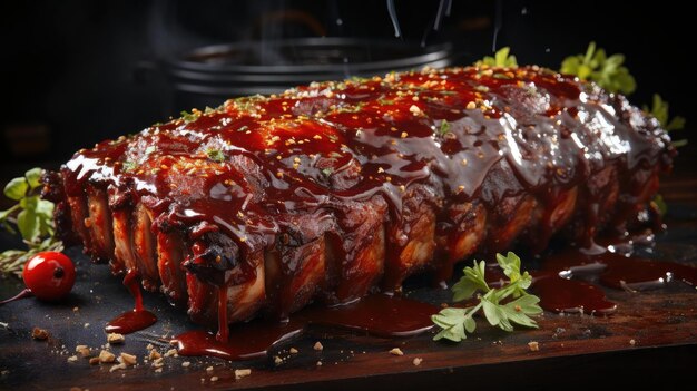 Primer plano Costillas a la parrilla con salsa de barbacoa derretida sobre un fondo negro y borroso