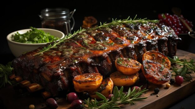 Primer plano Costillas a la parrilla con salsa de barbacoa derretida sobre un fondo negro y borroso