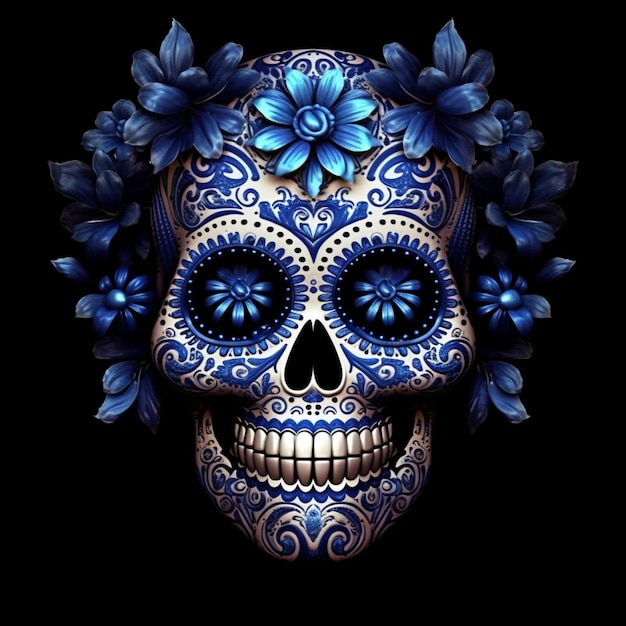 Un primer plano de un cráneo con flores azules en él