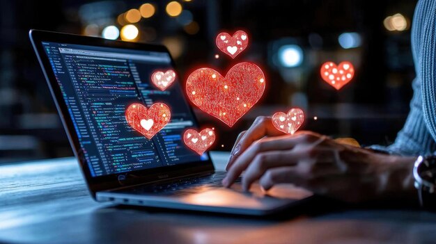 Un primer plano de un creador de contenido escribiendo en una computadora portátil con iconos de redes sociales flotando en el fondo