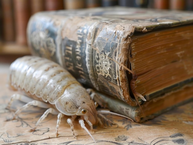 Primer plano de una criatura isópoda que se arrastra cerca de libros antiguos desgastados en una superficie de madera