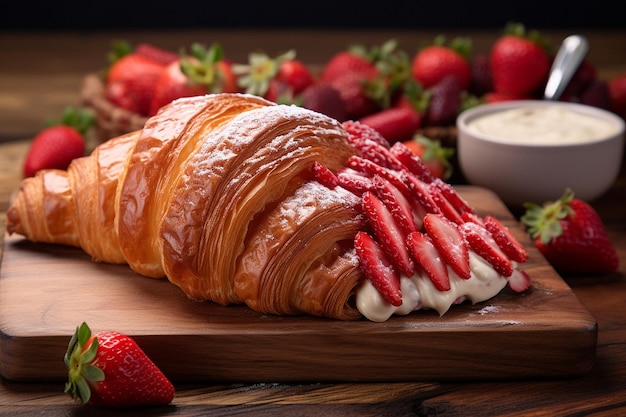 Un primer plano de un croissant de queso con crema de fresa con fresas frescas