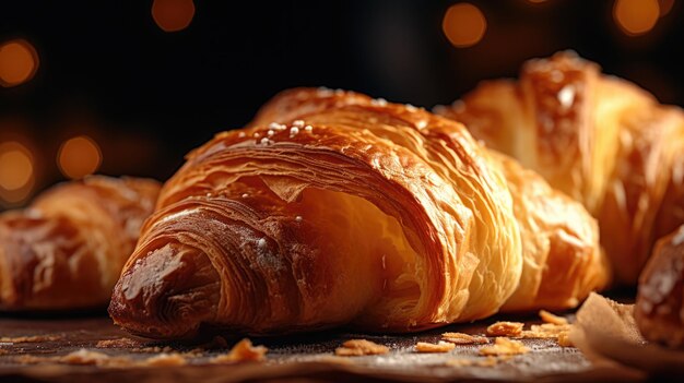 Primer plano de croissants dorados escamosos recién horneados en el fondo de la panadería