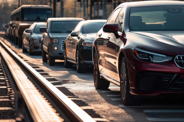 Foto primer plano de un cruce de trenes con coches esperando pacientemente