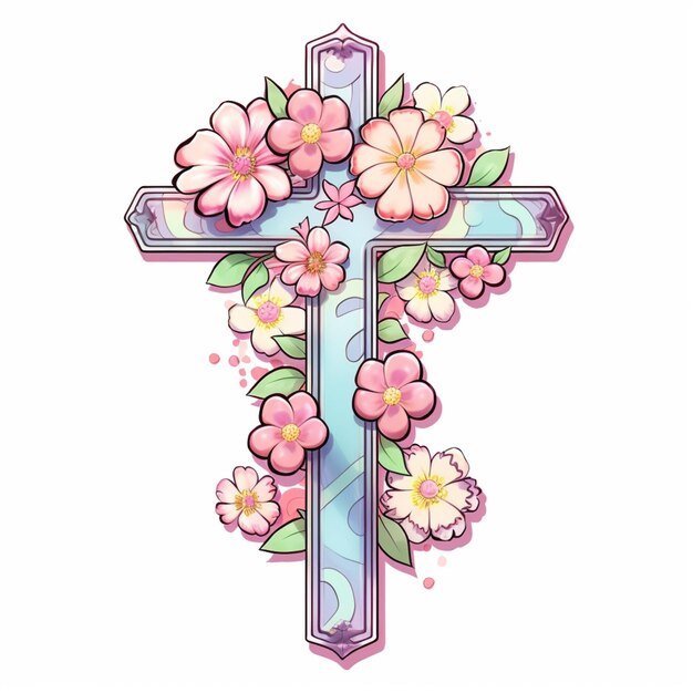 Foto un primer plano de una cruz con flores en ella
