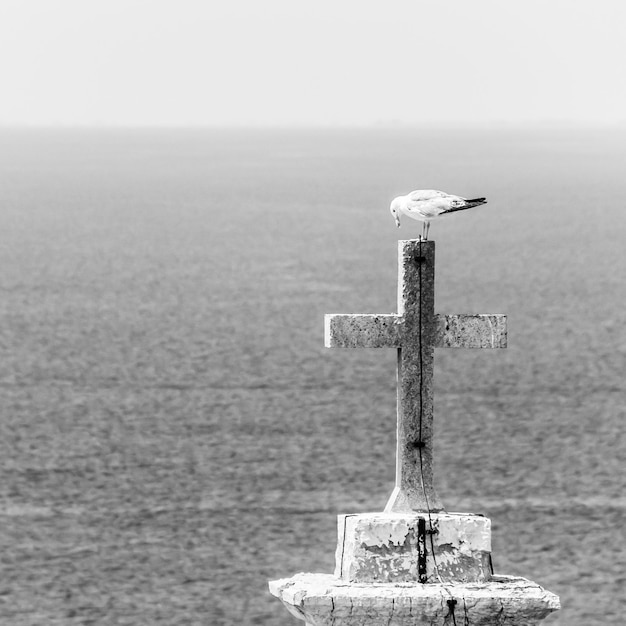 Foto primer plano de una cruz en la playa contra el cielo