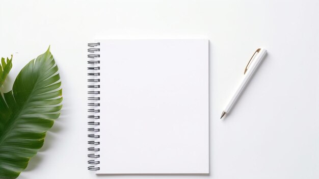 Foto un primer plano de un cuaderno con una pluma y una planta