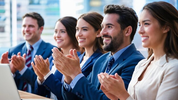 Primer plano de cuatro hombres de negocios sonrientes aplaudiendo