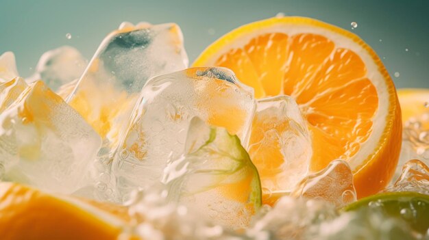 Un primer plano de cubitos de hielo con naranjas y limas